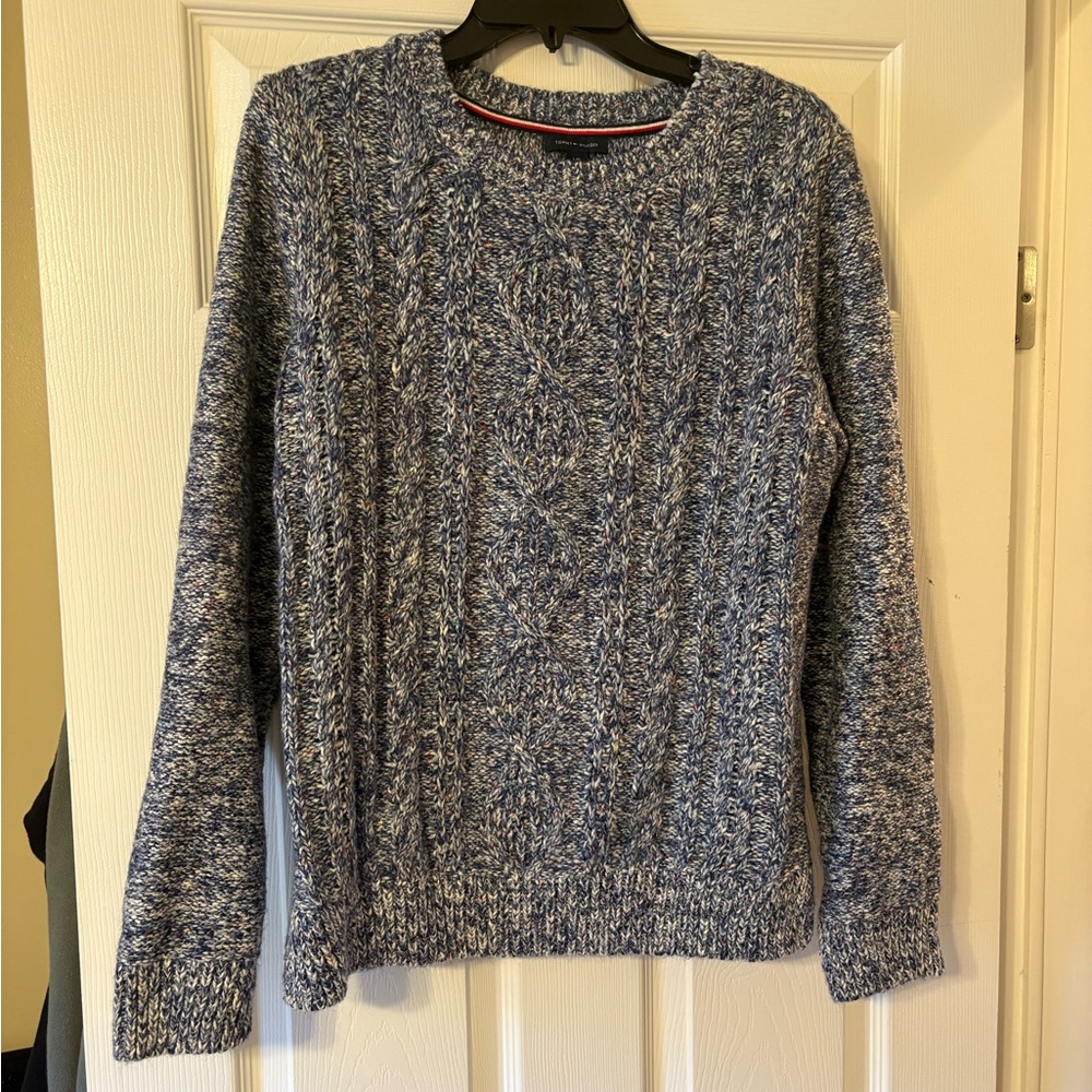 Tommy Hilfiger Cable Knit Sweater Blue Gray Crewneck Cozy Classic Pullover Women